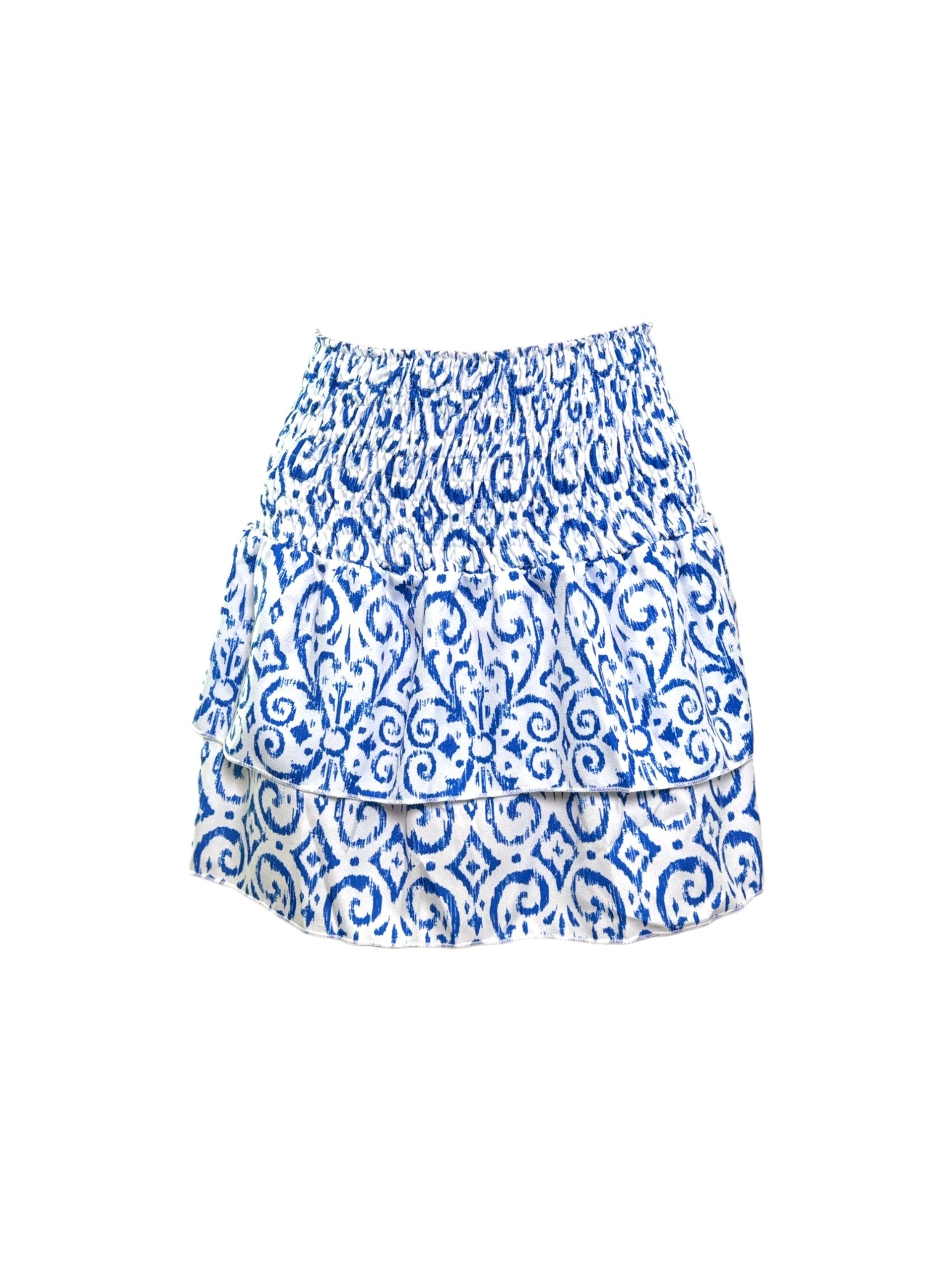 Blue and white patterned layered mini skirt on a white background
