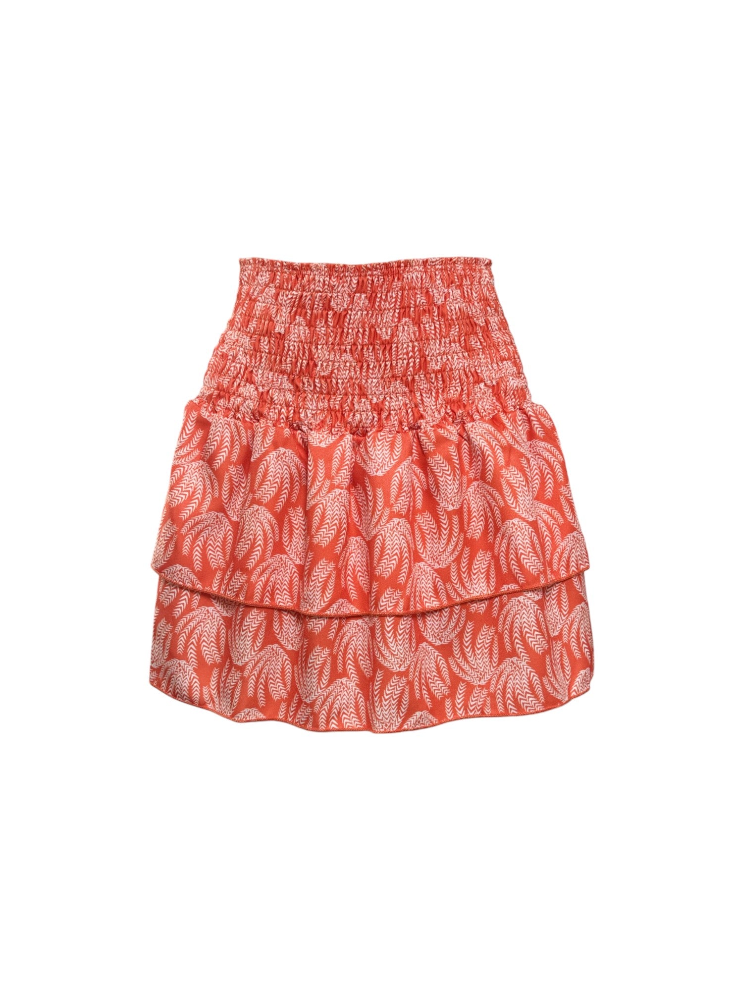 Coral Layered Mini Skirt with white pattern on a white background