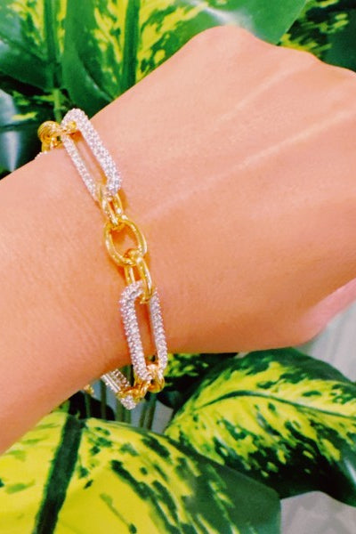 Gold chain bracelet on a wrist with a green leafy background