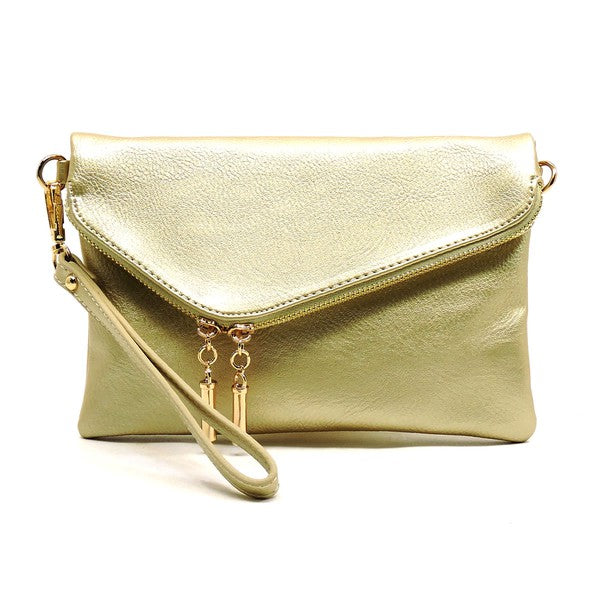 Gold clutch bag with a strap on a white background