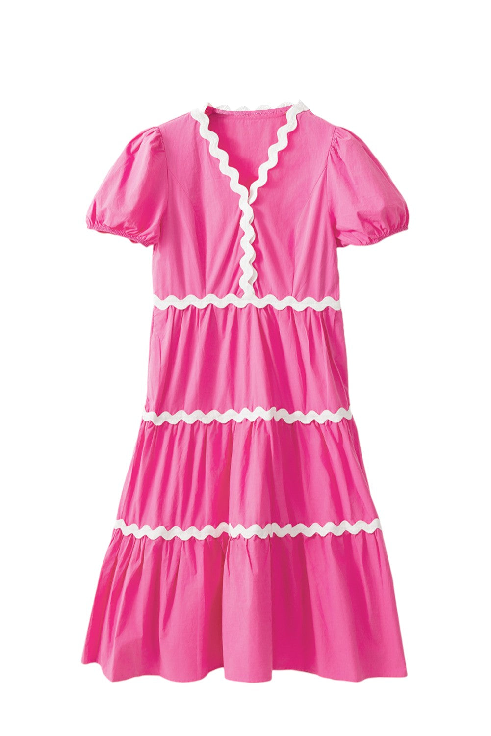 Flat lay image of pink dress with white ric rac trim. Women's dresses, midi dress, cotton dress, summer dress, 100% cotton dress.