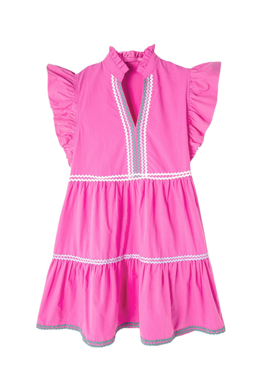 100% Cotton Bright Pink Tiered Mini Dress with Ric Rac Trim on a white background. Women's dress, 100% cotton, cotton dress, summer dress, mini dress.