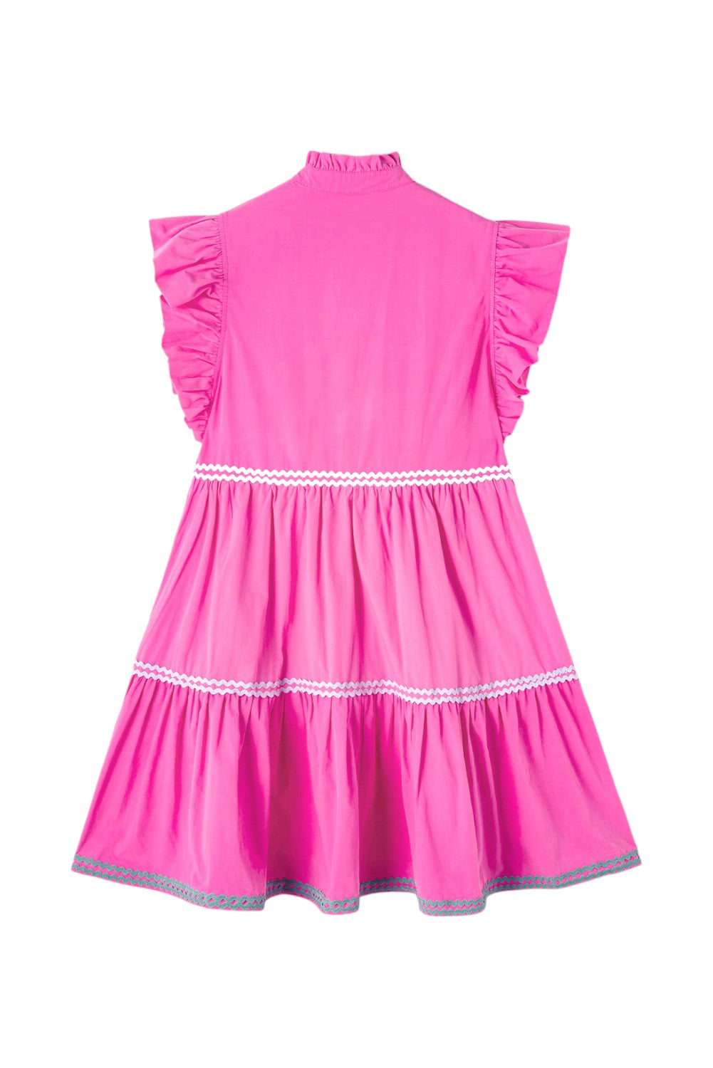 100% Cotton Bright Pink Tiered Mini Dress with Ric Rac Trim on a white background. Women's dress, 100% cotton, cotton dress, summer dress, mini dress.