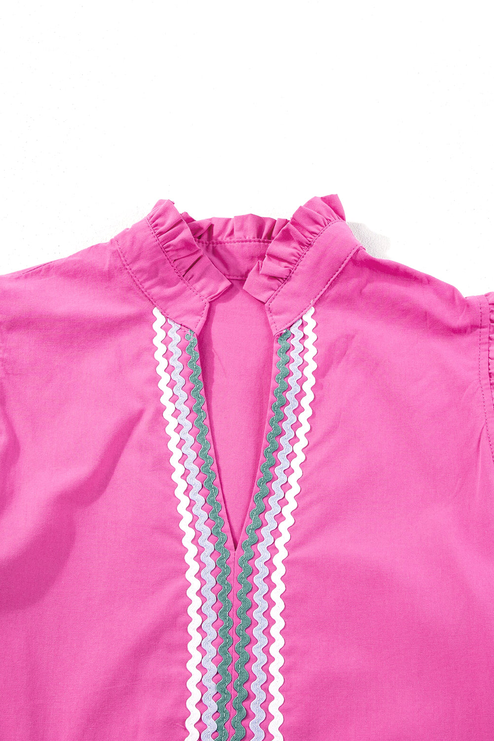 100% Cotton Bright Pink Tiered Mini Dress with Ric Rac Trim on a white background. Women's dress, 100% cotton, cotton dress, summer dress, mini dress.