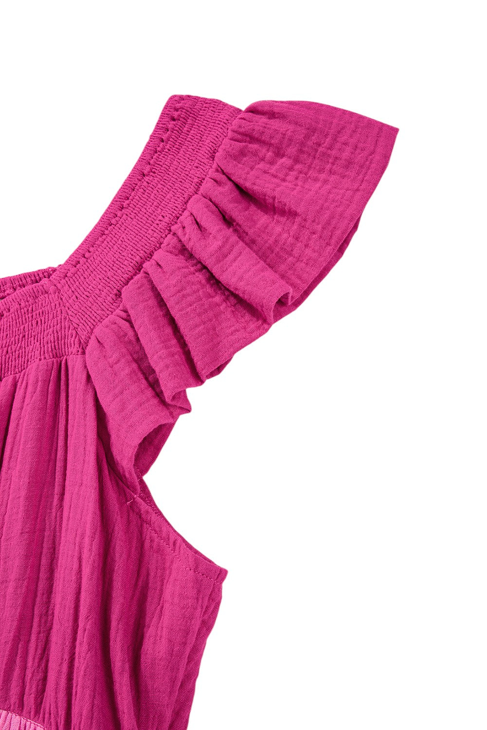 Close-up of a pink garment with ruffled sleeves on a white background. Women's dresses, mini dress, cotton dress, summer dress, 100% cotton dress, color block dress,