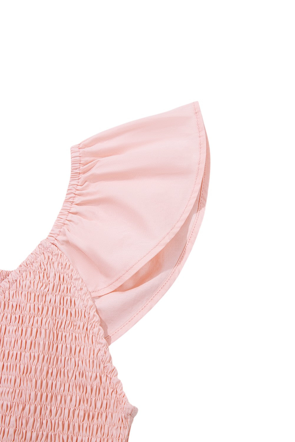 Close-up of a pink smocked dress with ruffled neckline on a white background. Women's dress, maxi dress, cotton dress, summer dress, pink dress, pink maxi dress, 100% cotton dress