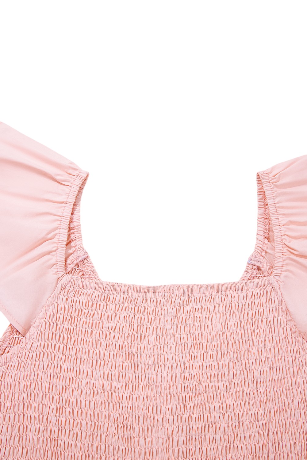 Close-up of a pink smocked dress with ruffled straps on a white background. Women's dress, maxi dress, cotton dress, summer dress, pink dress, pink maxi dress, 100% cotton dress