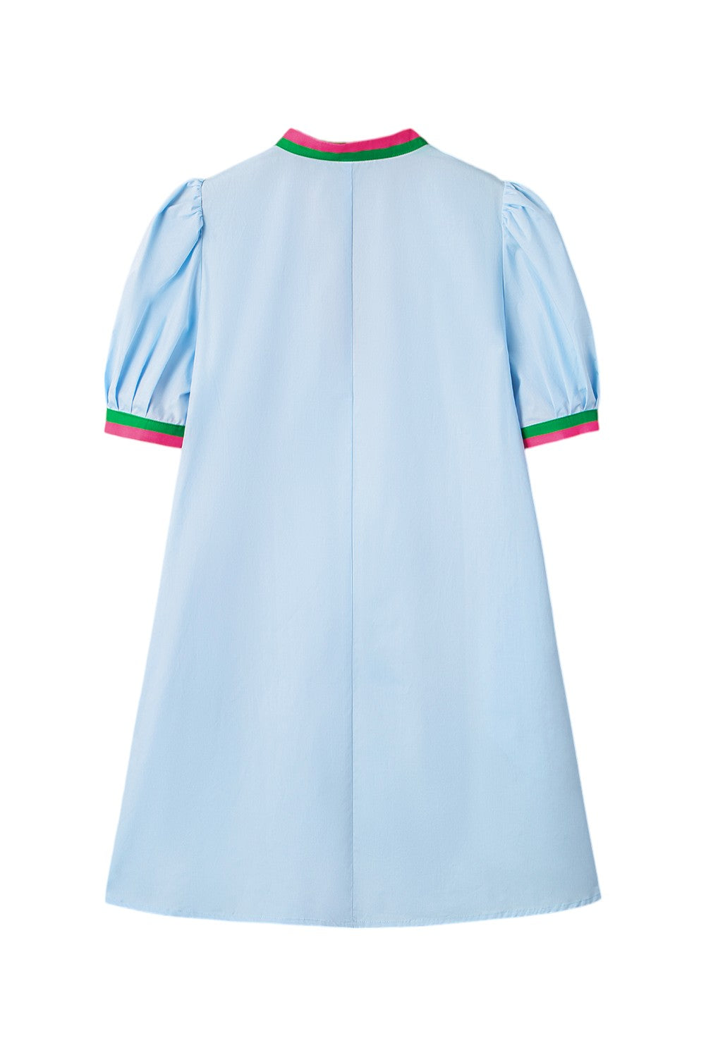 Light blue dress with colorful trim on a white background. Women's dresses, cotton dresses, mini dress