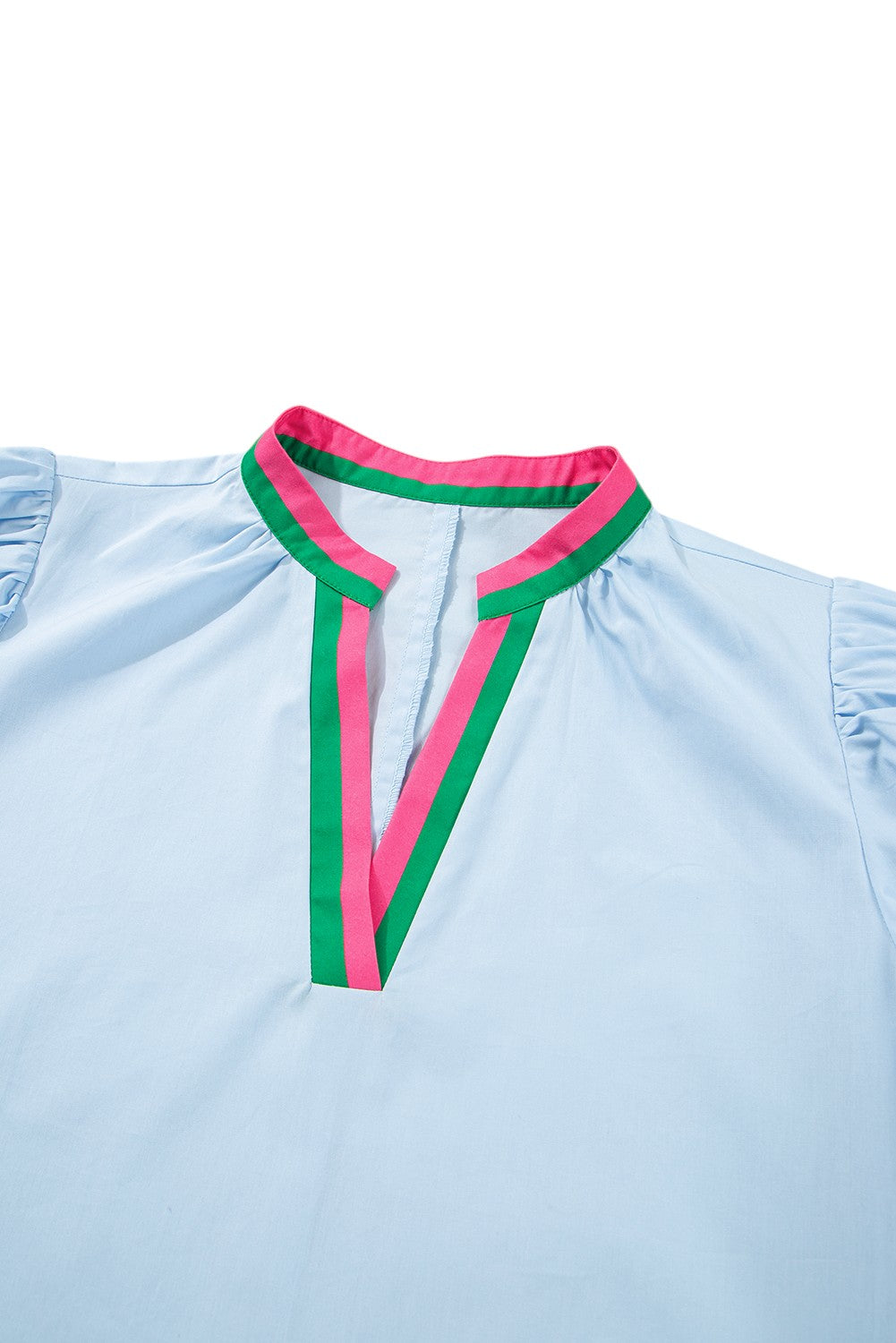 Light blue top with pink and green trim on a white background. Women's dresses, cotton dresses, mini dress