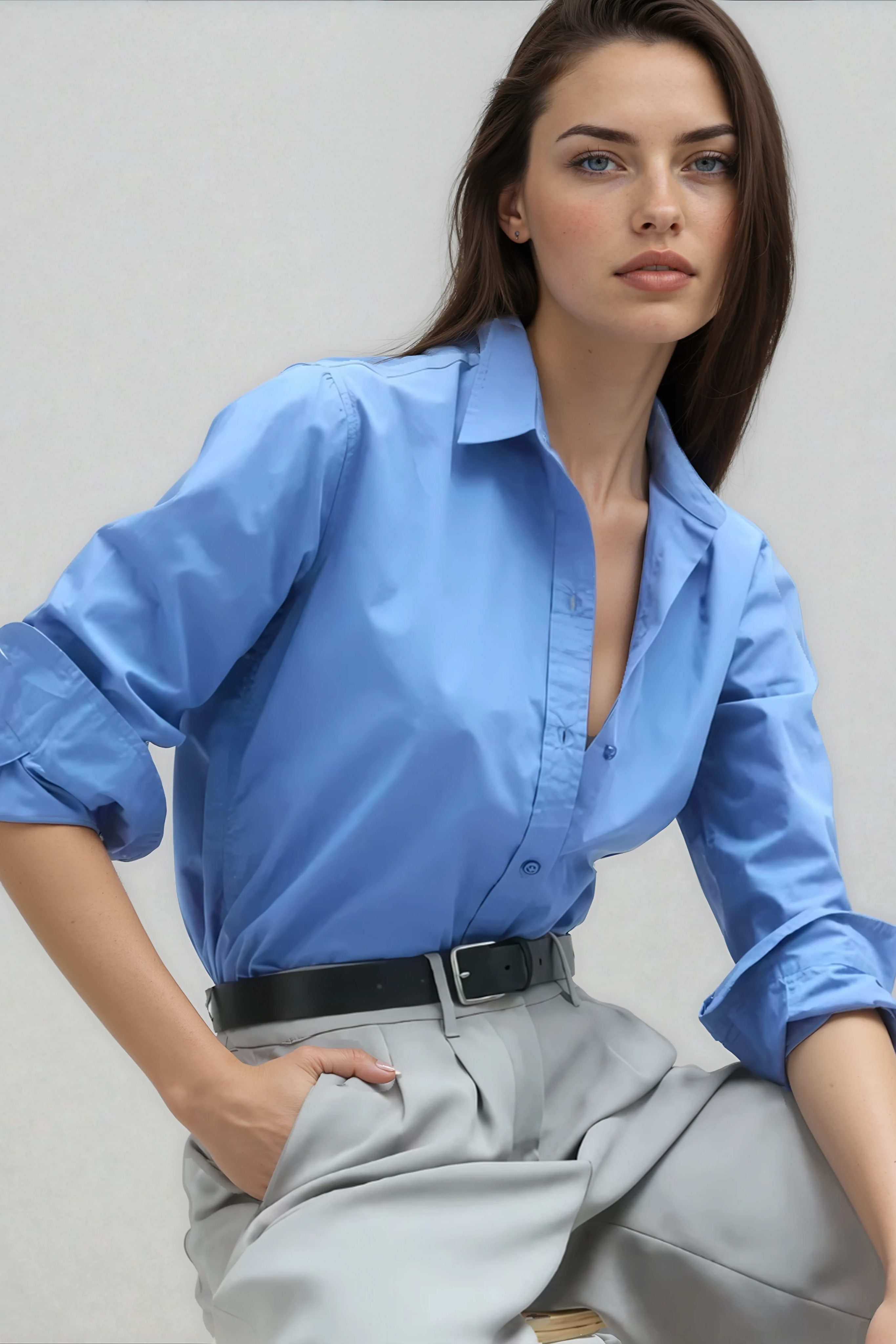 Woman wearing a blue shirt and gray pants against a plain background