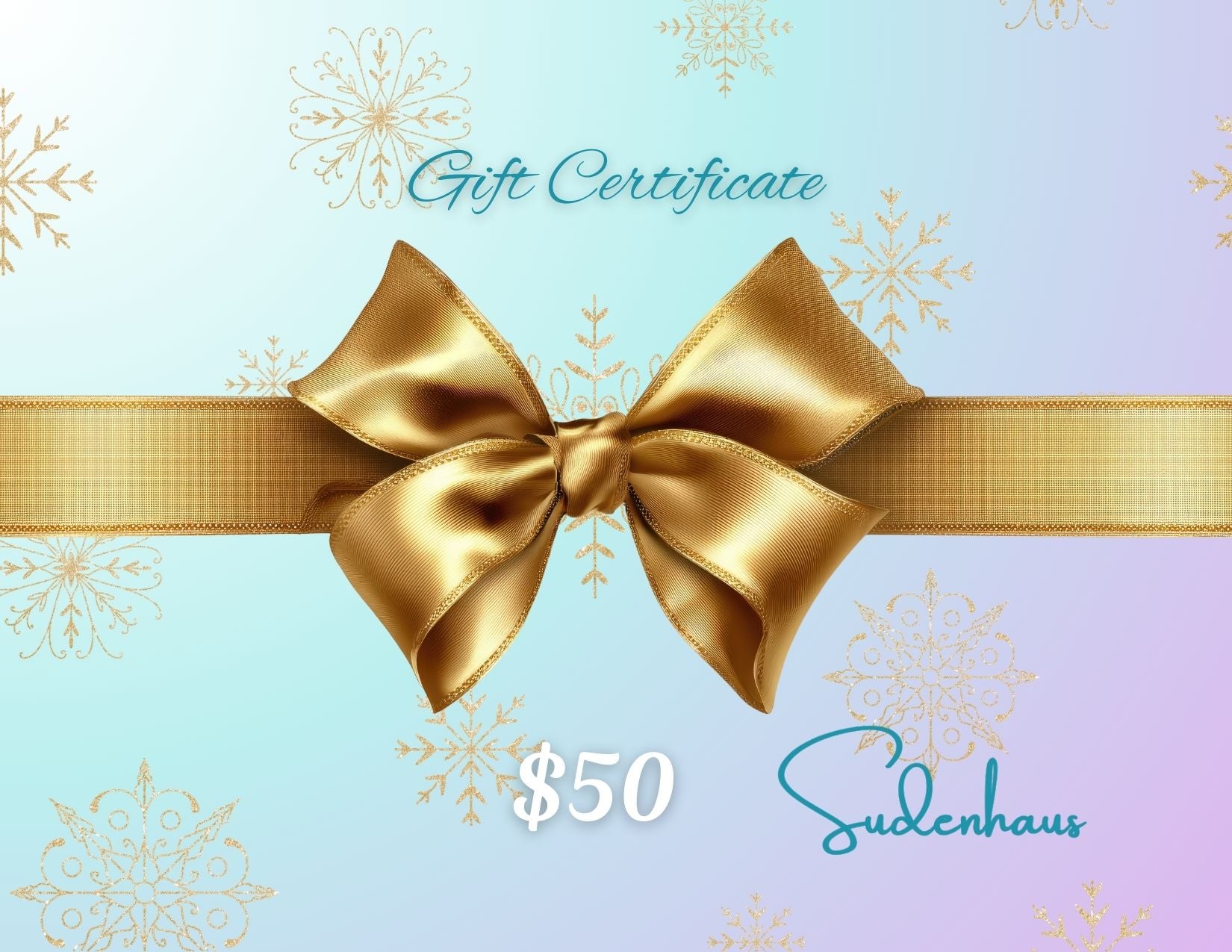 Gift certificate with a gold bow and snowflake designs on a pastel background