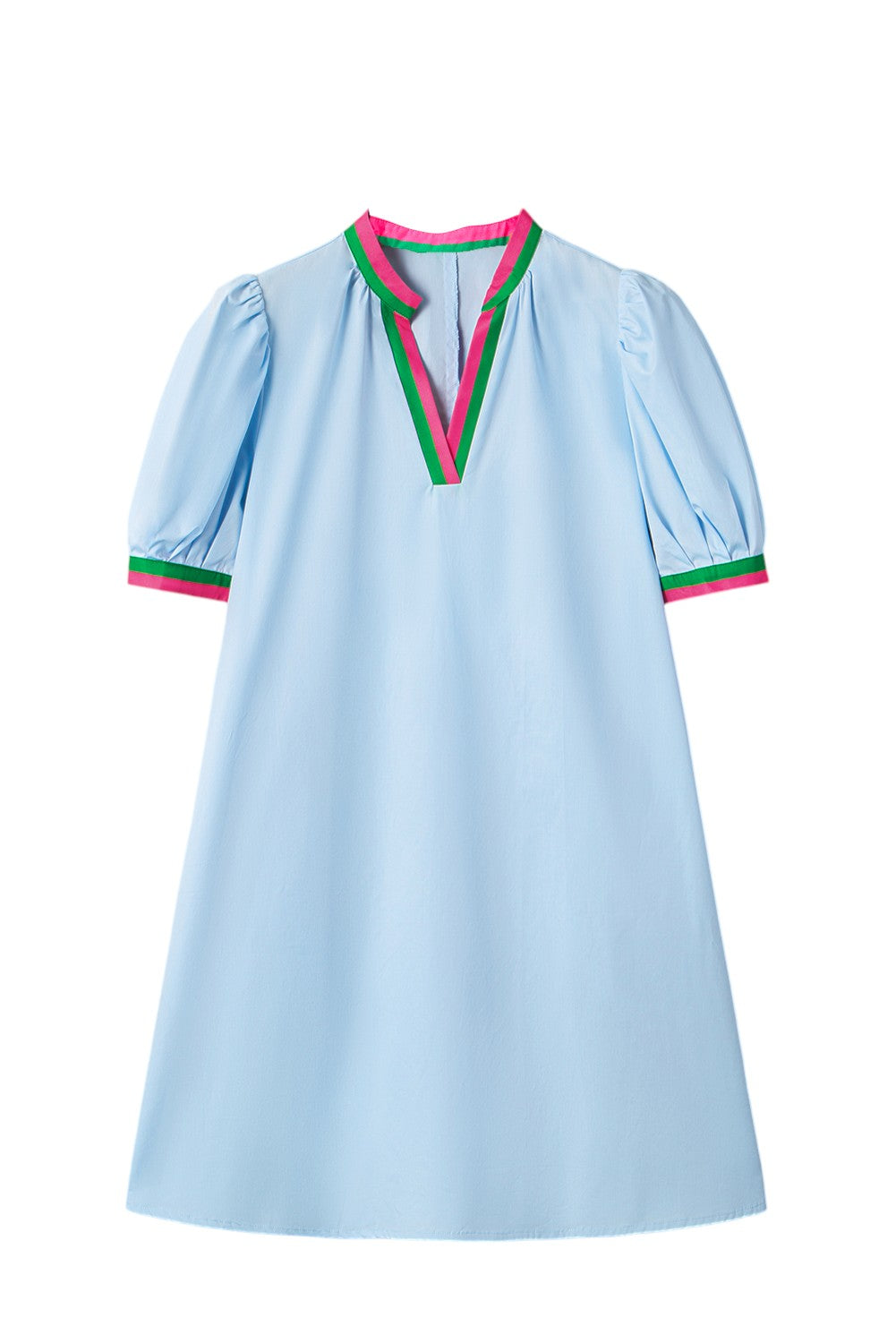 Light blue dress with colorful trim on a white background. Women's dresses, cotton dresses, mini dress