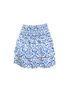 Blue and white patterned layered mini skirt  on a white background