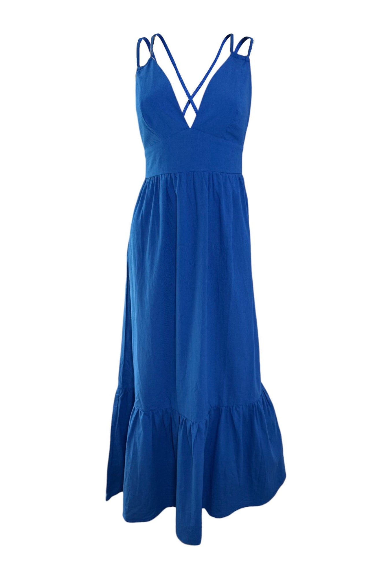 Blue dress with criss-cross straps on a white background. Women's dress, maxi dress, cotton dress