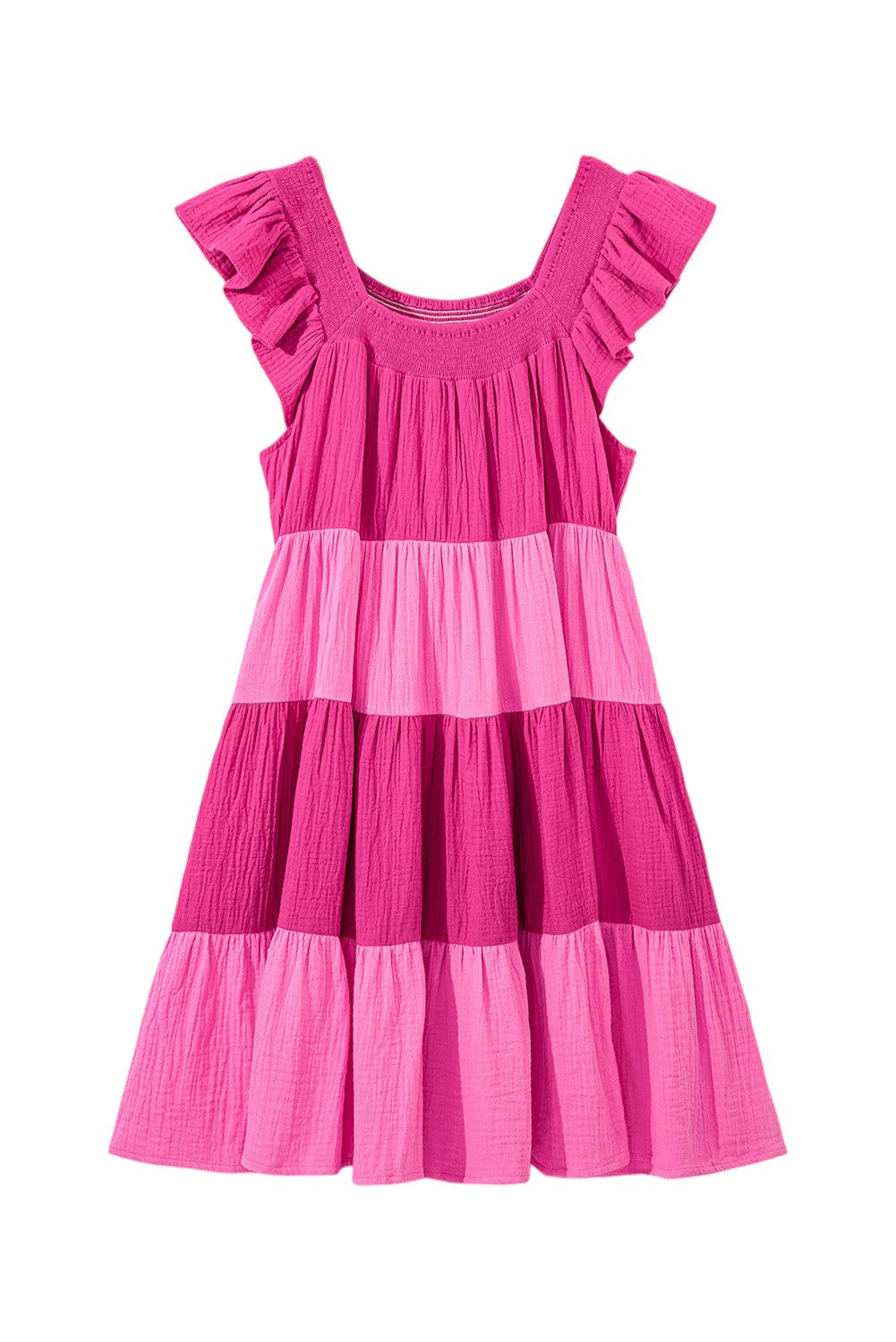 Flat lay of pink tiered dress with ruffled sleeves on a white background. Women's dresses, mini dress, cotton dress, summer dress, 100% cotton dress, color block dress.