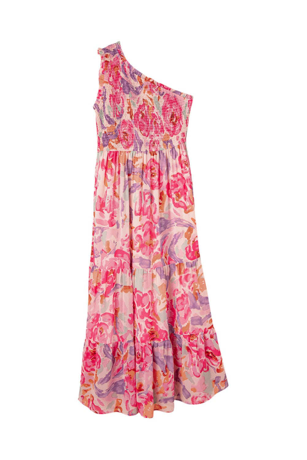 Flat lay of floral one-shoulder dress on a white background. Women's dress, cotton dress, maxi dress.