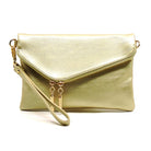 Gold clutch bag with a strap on a white background