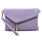 Purple clutch bag with gold accents on a white background