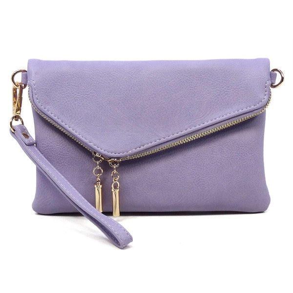 Purple clutch bag with gold accents on a white background