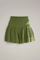 100% Cotton Green Moss Smocked Shorts on a plain background
