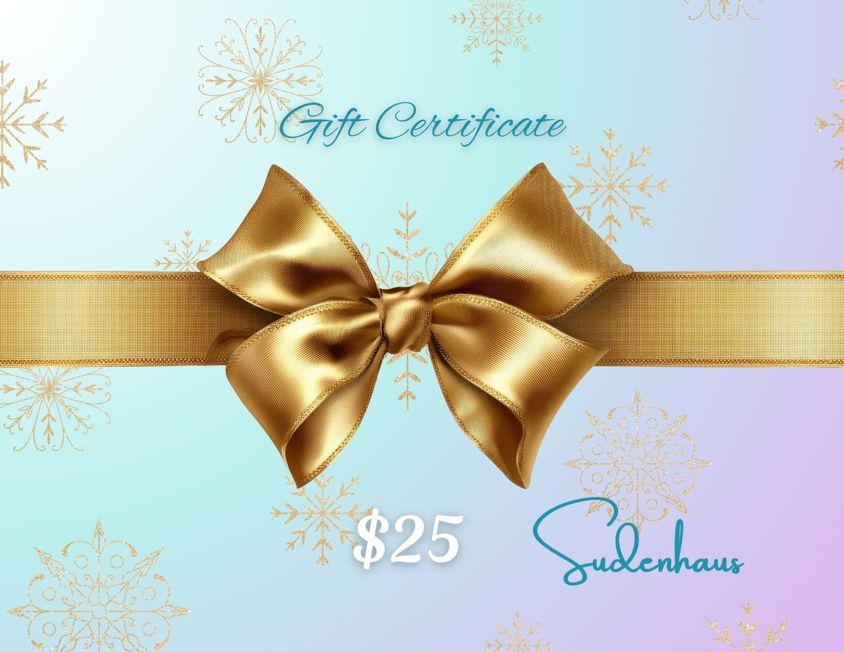 Gift certificate with a gold bow and snowflake decorations on a pastel background