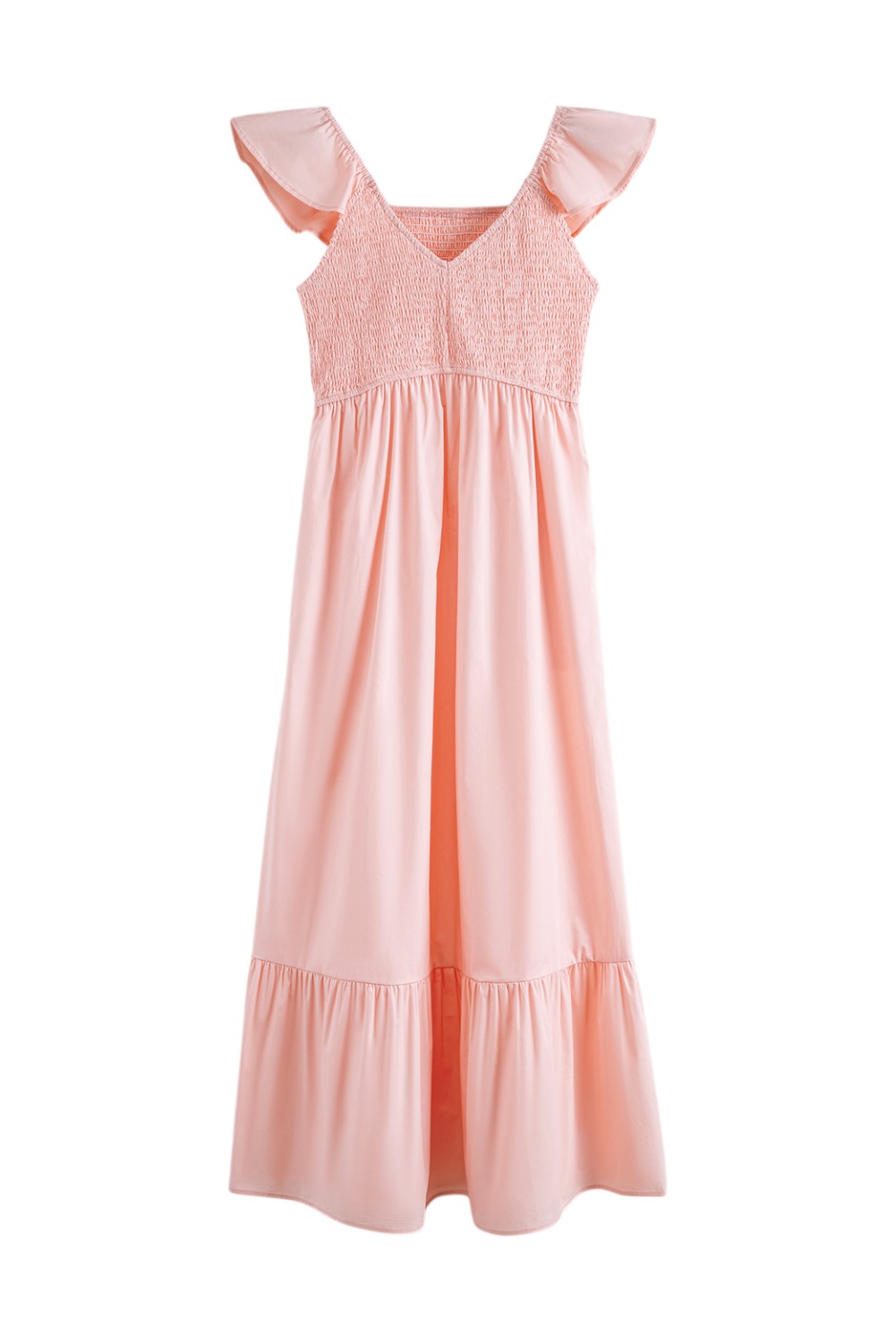 100% Cotton Pink Maxi Dress with Ruffled Sleeves on a white background. Women's dress, maxi dress, cotton dress, summer dress, pink dress, pink maxi dress, 100% cotton dress