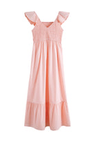 100% Cotton Pink Maxi Dress with Ruffled Sleeves on a white background. Women's dress, maxi dress, cotton dress, summer dress, pink dress, pink maxi dress, 100% cotton dress