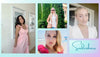 Various women wearing different dresses and posing in different locations such as in front of a mirror or at the beach.